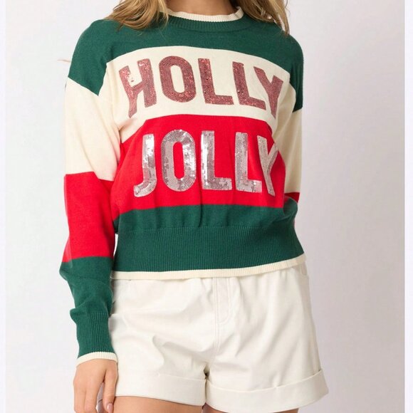 Green Casual Women's Christmas Knit Sweater Long Sleeve Crewneck with Sequins - Picture 3 of 5